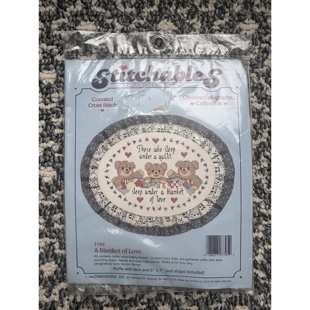 Vintage 1988 Stichables Counted Cross Stitch Kit #7795 A Blanket Of Love 5”x7”